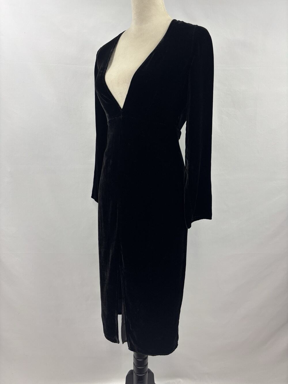 For Love & Lemons Colette Velvet Dress Black XS Wrap Midi Long Sleeve V-neck